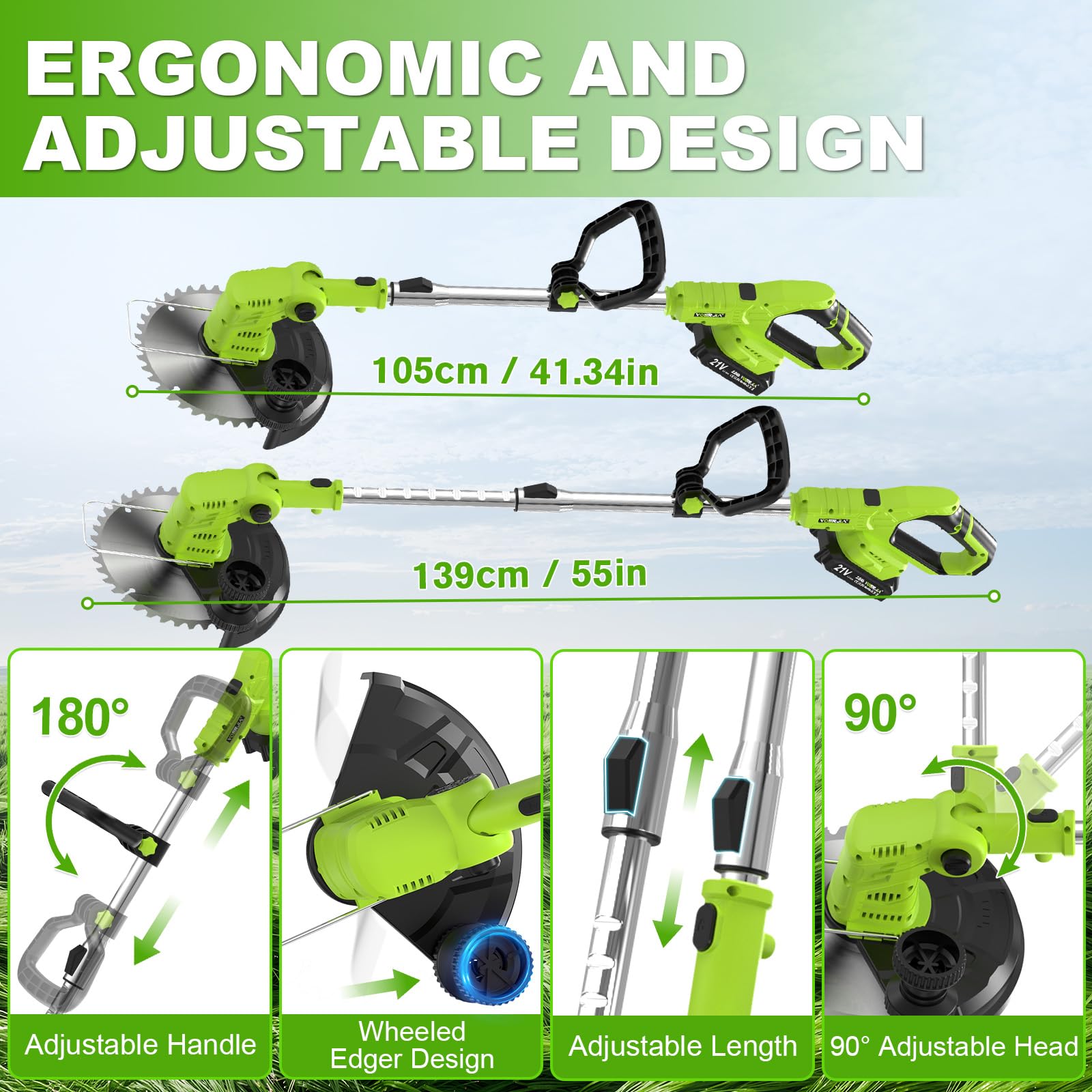 VOERJIA Cordless Strimmer Lightweight 750W with LCD Battery Display, Grass Trimmer and Brush Cutter with 2 x 2.0Ah Battery and Charger, 14-Piece 4-in-1 Garden Kit (Pro Edition)