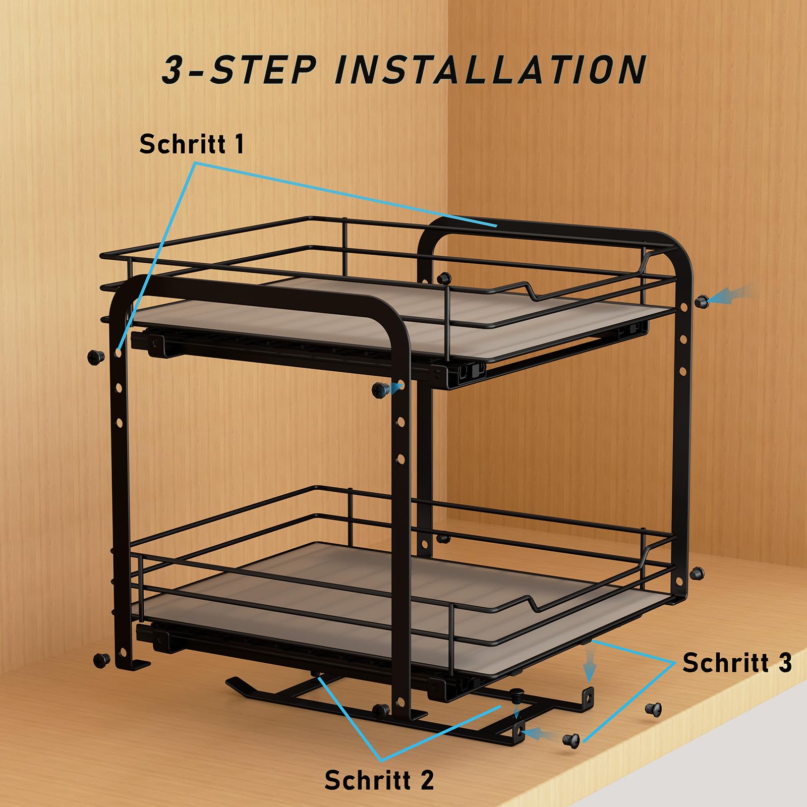 MAYZOLOP Pull out Spice Rack, 2-Tier Metal Spice Rack with Adjustable Height for Inside Cupboard, Kitchen Cupboard Organiser Storage Rack, 9.1in W x 10.4in L x 9in H