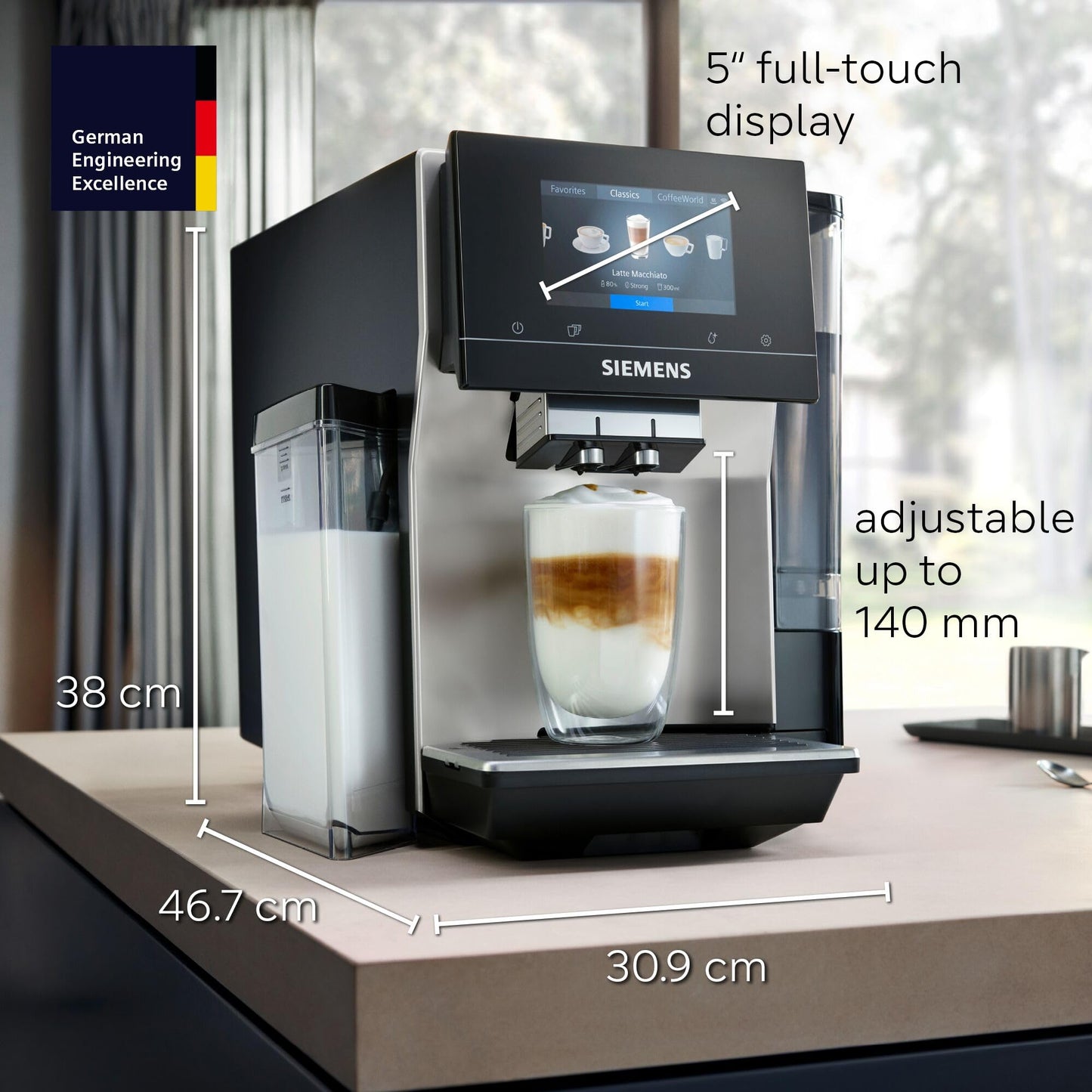 SIEMENS EQ700 Fully Automatic Bean to Cup Coffee Machine, 5" Touch Screen Display, Cold Brew/Slow Brew, Integrated Milk Container, 30+ Coffee Beverages, Home Connect, TQ713GB3