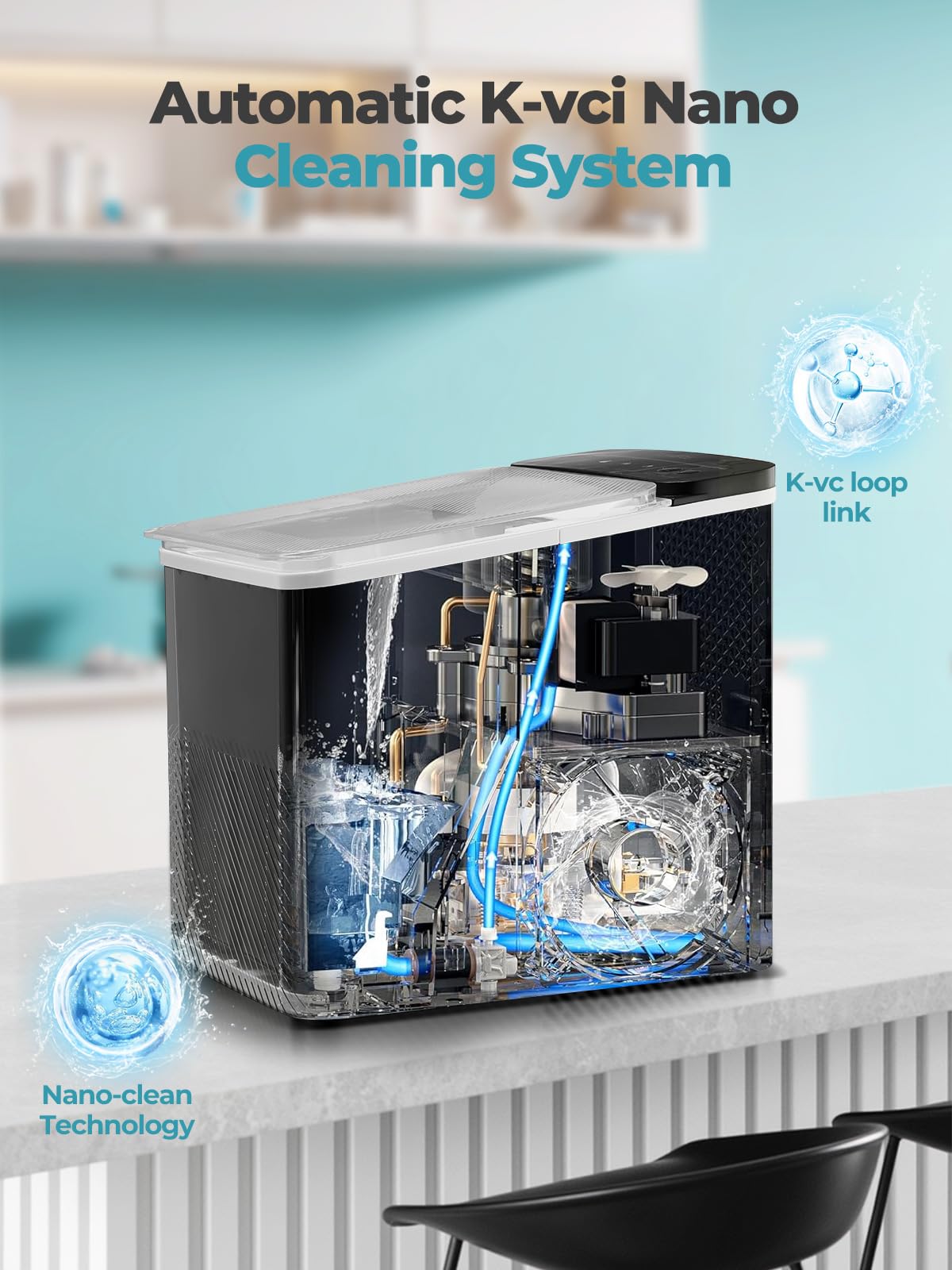 FOHERE Ice Maker Machine Countertop, 14KG Ice Cube Maker with Self-Cleaning Function, 9 Cubes in 5 Mins, 2 Bullet Ice Sizes, Portable Ice Machine with Ice Scoop & Basket (Black)