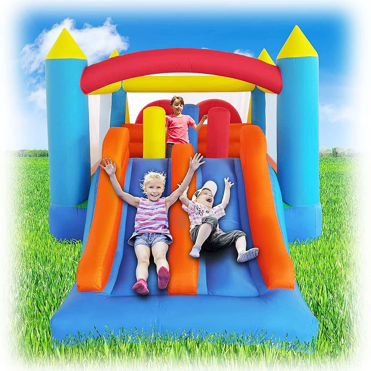 Ballsea Inflatable Bouncy Castle, Kids Bounce House Trampoline Dual Slide, Jumper Play Center with Air Blower for Kids Indoor Outdoor, 4.88 x 2.4 x 1.9m