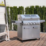 CosmoGrill 8 Burner Stainless Steel Yamara 6+2 Gas BBQ, Viewing Glass, 6 Main Burners, 1 Ceramic Sear Burner, 1 Back Burner, Cast Iron Grills & Bamboo Storage (Silver with Cover)