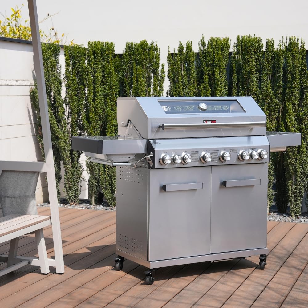 CosmoGrill 8 Burner Stainless Steel Yamara 6+2 Gas BBQ, Viewing Glass, 6 Main Burners, 1 Ceramic Sear Burner, 1 Back Burner, Cast Iron Grills & Bamboo Storage (Silver with Cover)