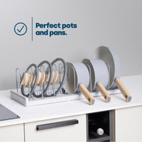LIVIVO Expandable Pan Lid Organiser Rack Holder - 10 Adjustable Dividers - Non Slip Feet - Perfect For Pots, Pans, Chopping Board, Baking Trays - Kitchen Drawer Cupboard Organiser