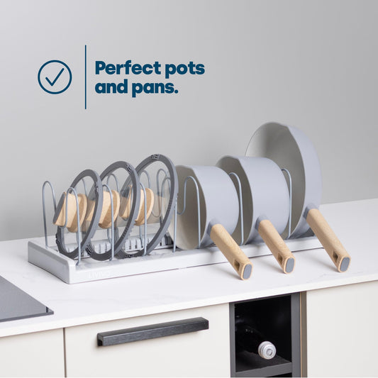 LIVIVO Expandable Pan Lid Organiser Rack Holder - 10 Adjustable Dividers - Non Slip Feet - Perfect For Pots, Pans, Chopping Board, Baking Trays - Kitchen Drawer Cupboard Organiser