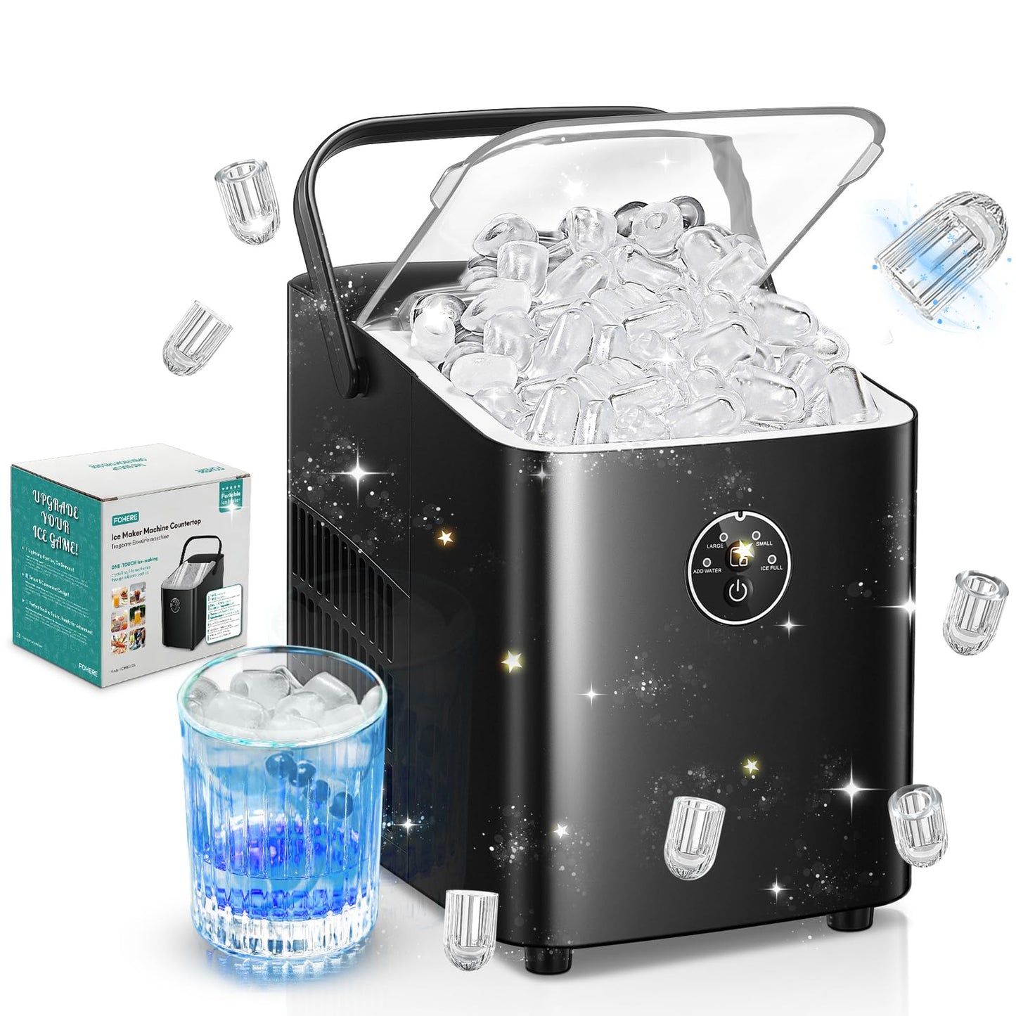 FOHERE Ice Maker Machine Countertop, 14KG in 24H, Ice Ready in 5 Mins, 2 Bullet Sizes, Portable Ice Cube Maker with Handle, Self-Cleaning, Scoop&Basket, Home/Kitchen/Office/RV