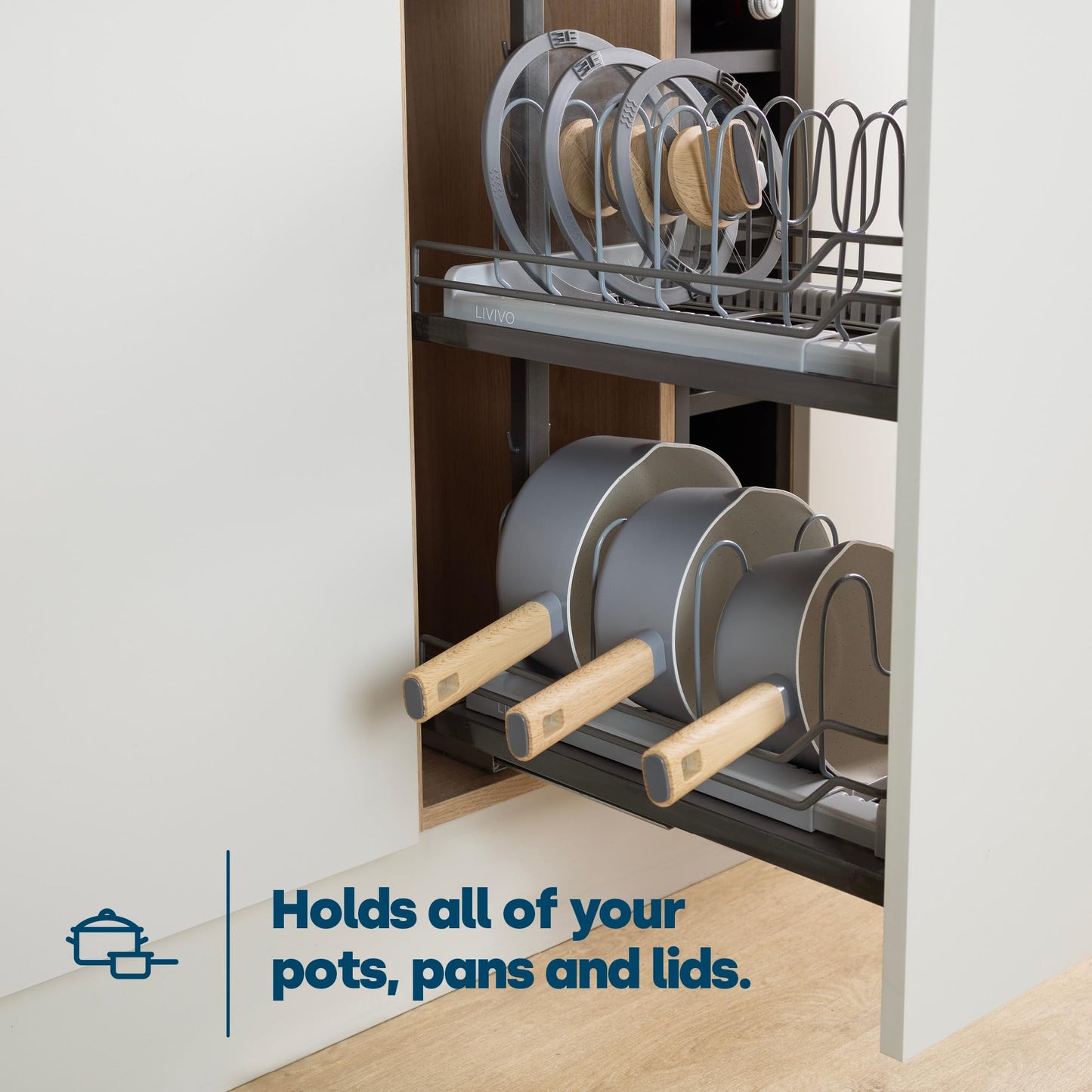 LIVIVO Expandable Pan Lid Organiser Rack Holder - 10 Adjustable Dividers - Non Slip Feet - Perfect For Pots, Pans, Chopping Board, Baking Trays - Kitchen Drawer Cupboard Organiser
