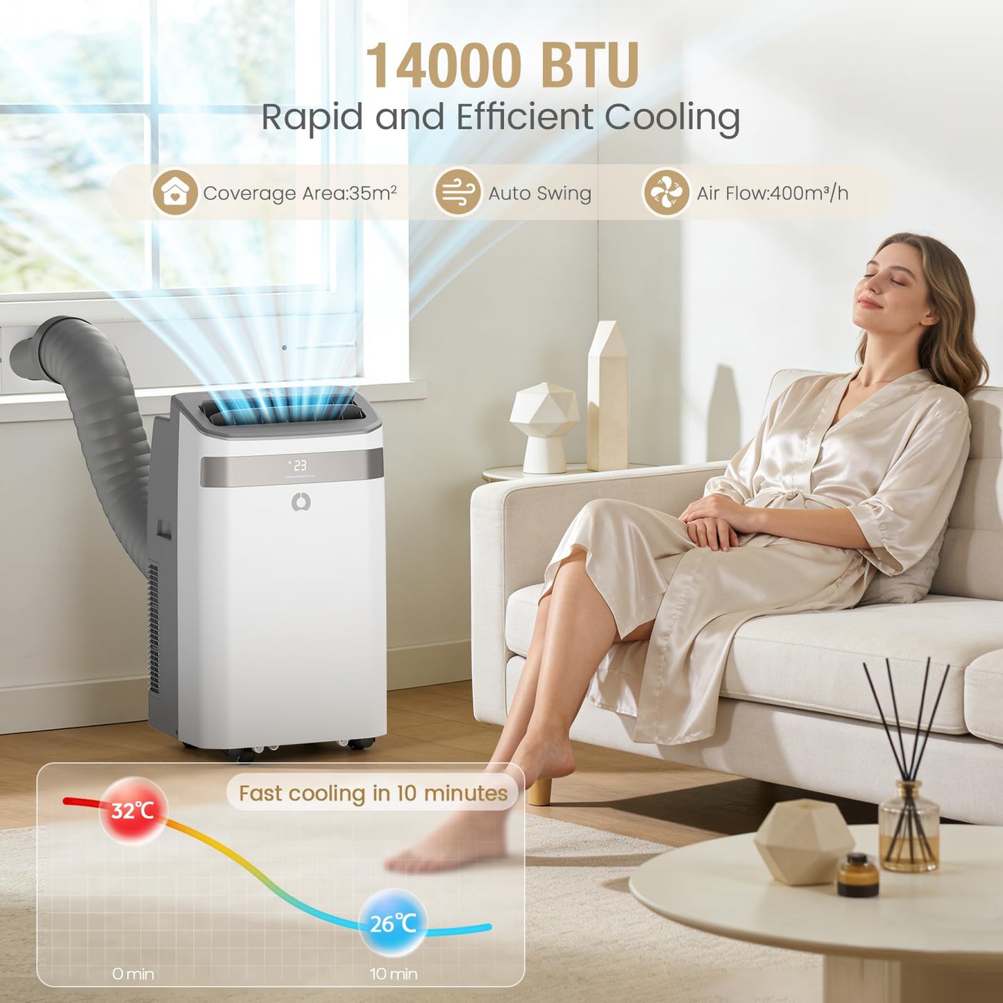 AirOrig Air Conditioning Unit, 14000 BTU Portable Air Conditioner With Cooling, Fan&Dehumidify Mode, Auto Swing, Effortless Cooling-Suitable for 40 m² Large Rooms