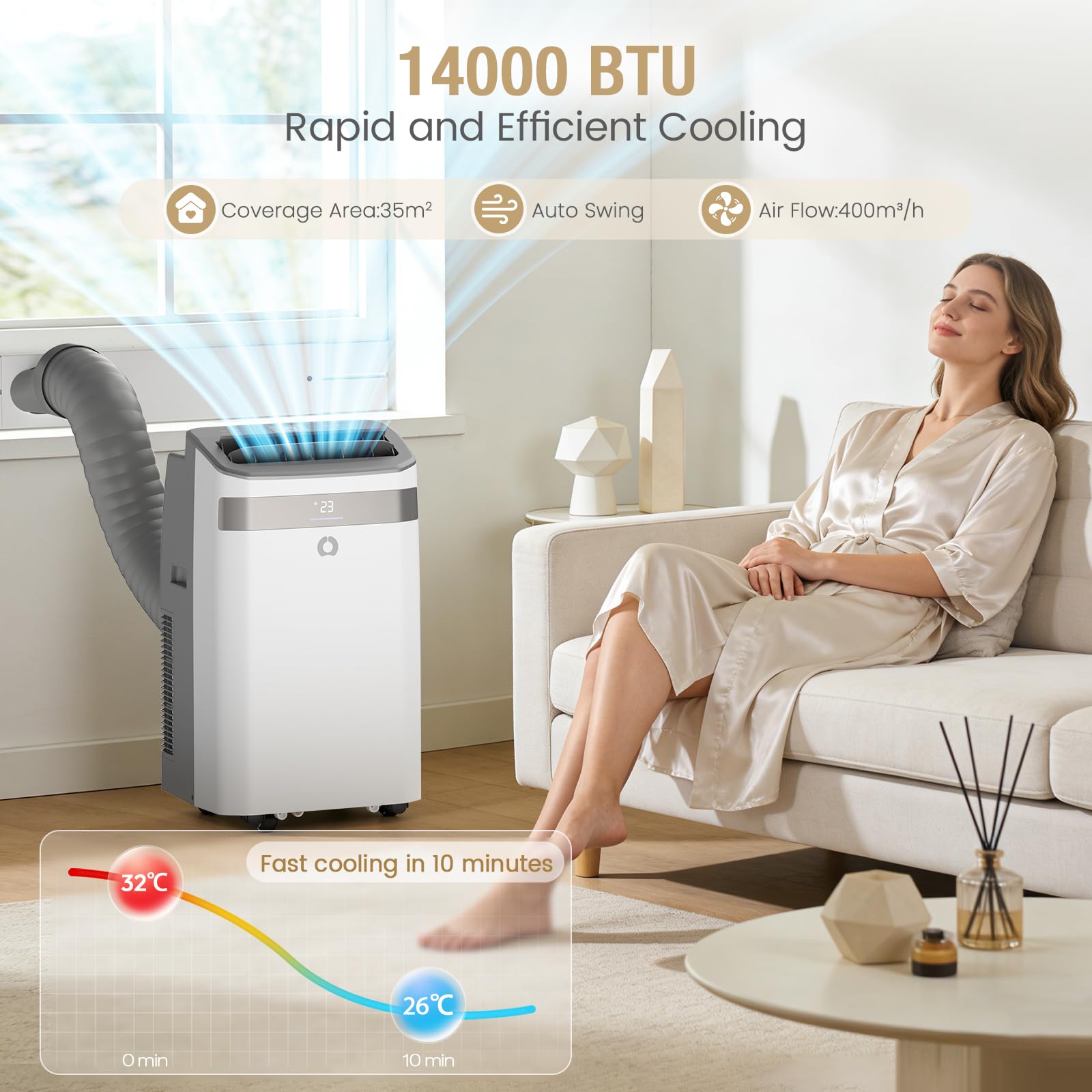 AirOrig Air Conditioning Unit, 14000 BTU Portable Air Conditioner With Cooling, Fan&Dehumidify Mode, Auto Swing, Effortless Cooling-Suitable for 40 m² Large Rooms