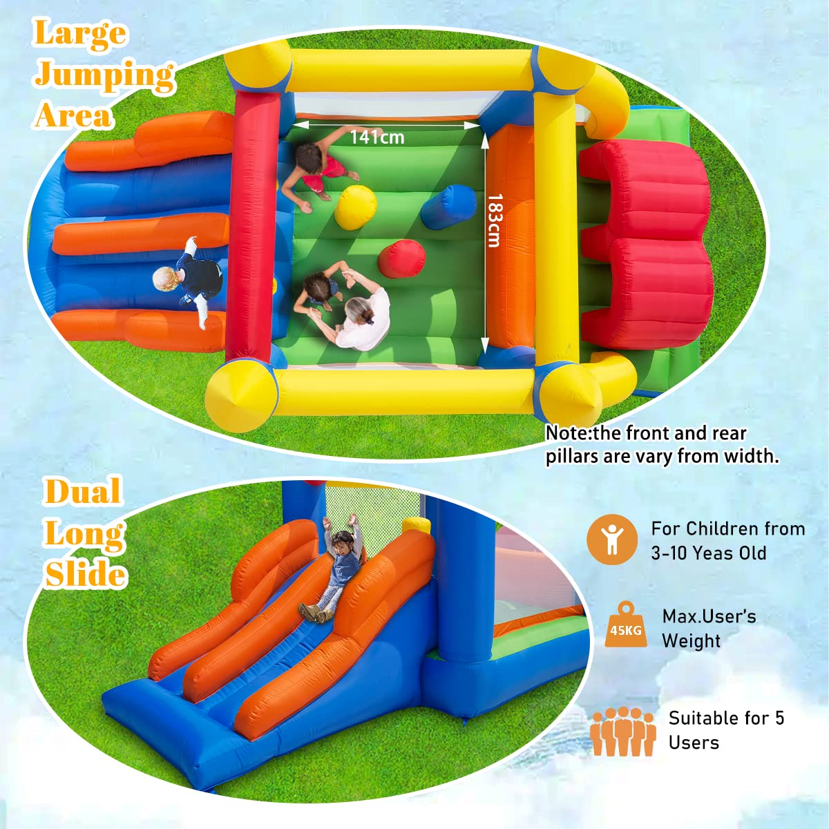 Ballsea Inflatable Bouncy Castle, Kids Bounce House Trampoline Dual Slide, Jumper Play Center with Air Blower for Kids Indoor Outdoor, 4.88 x 2.4 x 1.9m