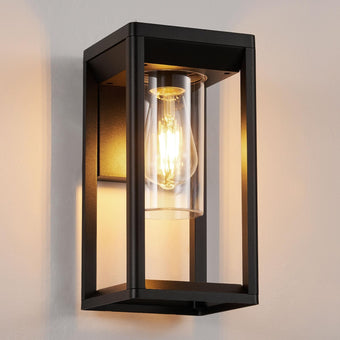 compare product HARPER LIVING Outdoor Wall Lights Lantern Mains Powered, IP65 Weatherproof Black Aluminum, E27 Socket Outside Wall Lamp with Clear Shade, Security Lights for Porch Front Door Garden Patio, Rectangle