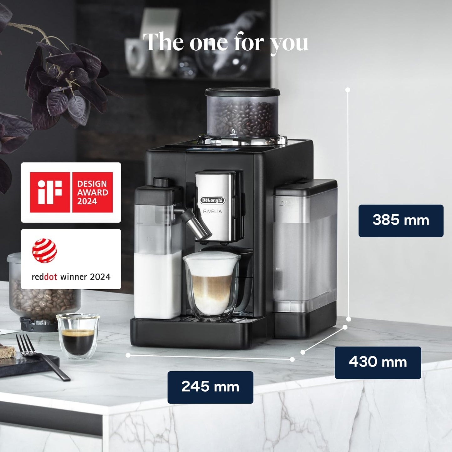 De’Longhi Rivelia - Perfetto Automatic Coffee Machine with LatteCrema Automatic Milk Frothing, 16 One-Touch Drinks, Colour Touch Display, Interchangeable Hoppers, Black (EXAM440.55.B)