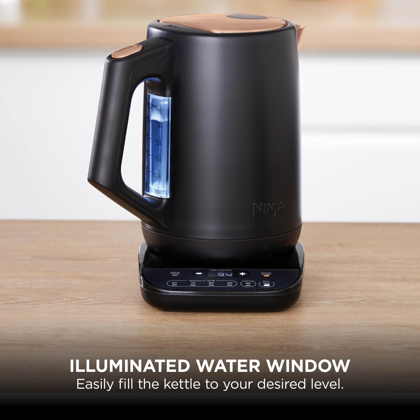 Ninja Perfect Temperature Kettle, 1.7L, LED Display, Easy to Use Kettle with Rapid Boil and Temperature Control & Hold, Black & Copper, KT200UKCP