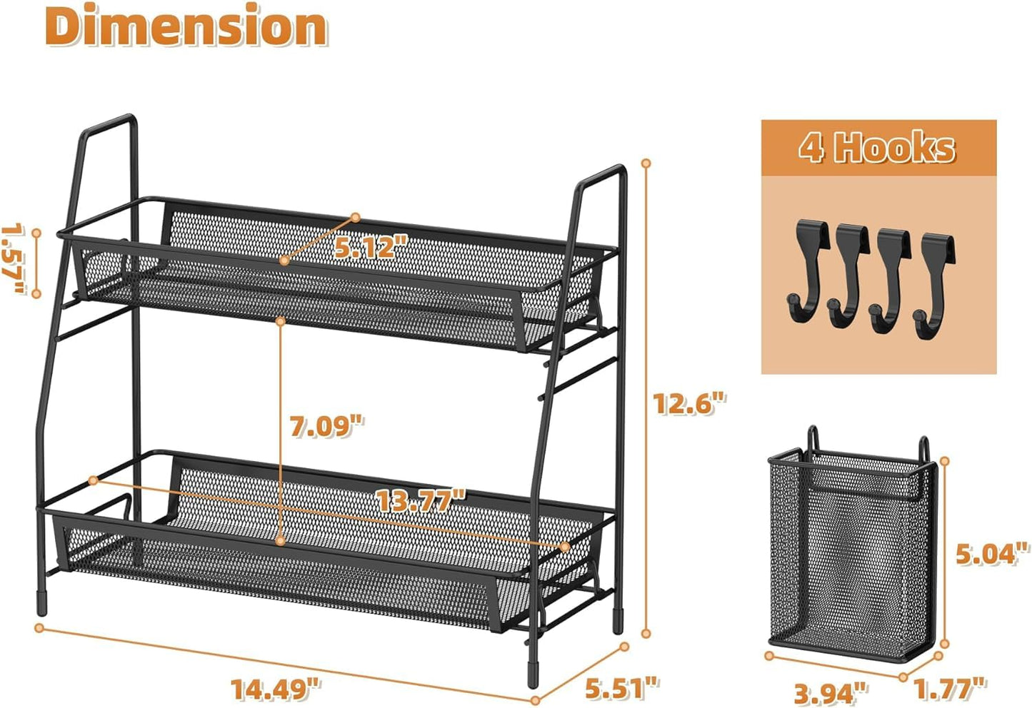 VITVITI Spice Racks, 2 Tier Cupboard Shelf Organiser with 4 Hooks and Side Basket, Kitchen Essentials for Accessories Storge, Desktop Organizer for Kitchen, Dining Room, Office - Black