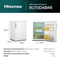 Hisense RL170D4BWE Freestanding 56cm Under Counter Fridge - 132 litre capacity - Auto Defrost - Reversible Door - White - E Rated