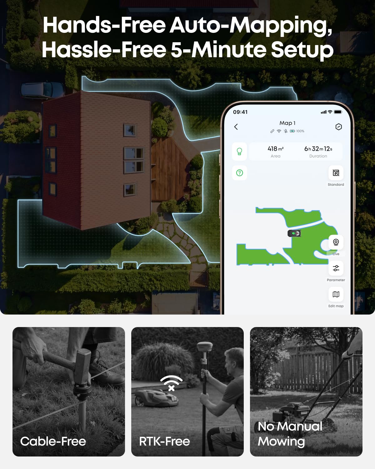 eufy New Robot LawnMower C15 without Boundary Cable with Garage, 500 m² Coverage, TrueVision, No RTK, No Signal Issue, Hands-Free Auto Mapping, Animal Safe, Smart Navigation, Ride on Edge Cutting