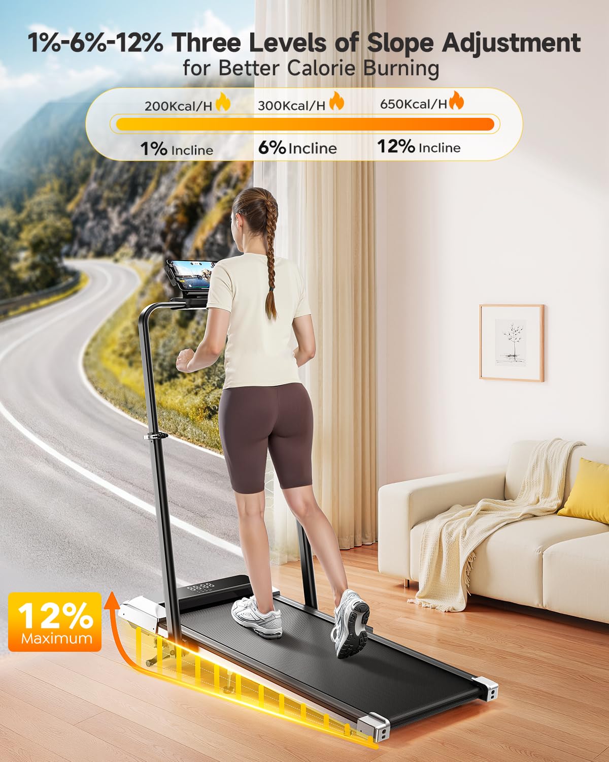 1%-6%-12% Incline Folding Treadmill with 115 CM Retractable Handrail, 95°-105° Adjustable Tilt Angle, 6 in 1 Compact Treadmills for Home/Office (Silver Black)