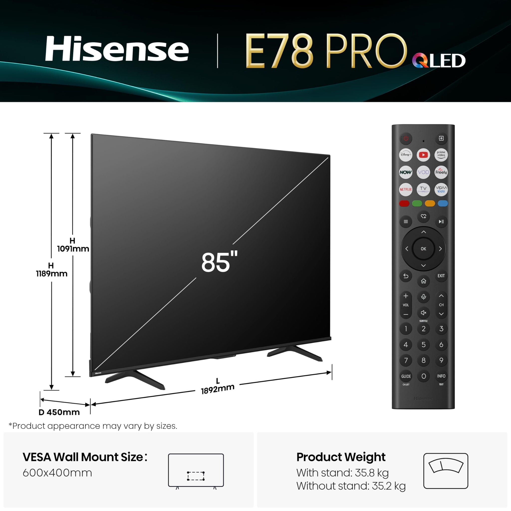 Hisense 85" 85E78QTUK PRO 144Hz QLED Smart AI TV - Hi-View AI Engine, 144Hz Game Mode PRO, Dolby Atmos, Quantum Dot Colour with Freely, Disney +, YouTube, Netflix