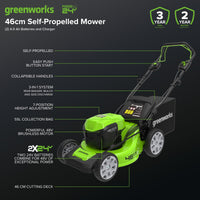 Greenworks 48V (2x24V) Self Propelled Cordless Lawnmower for Large Lawns up to 480m2, 46cm Cutting Width, 55LBag PLUS Two 4Ah Batteries and Twin Charger, 3 Year Guarantee GD24X2LM46SPK4X