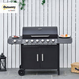 Outsunny 6+1 Burner Gas BBQ Grill, Outdoor Barbecue Trolley with Wheels, Warming Rack, Side Shelves, Cabinet, Thermometer for Garden, Party, Camping, 135 x 51.5 x 100cm, Black