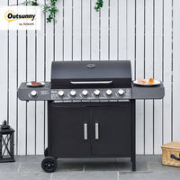 Outsunny 6+1 Burner Gas BBQ Grill, Outdoor Barbecue Trolley with Wheels, Warming Rack, Side Shelves, Cabinet, Thermometer for Garden, Party, Camping, 135 x 51.5 x 100cm, Black