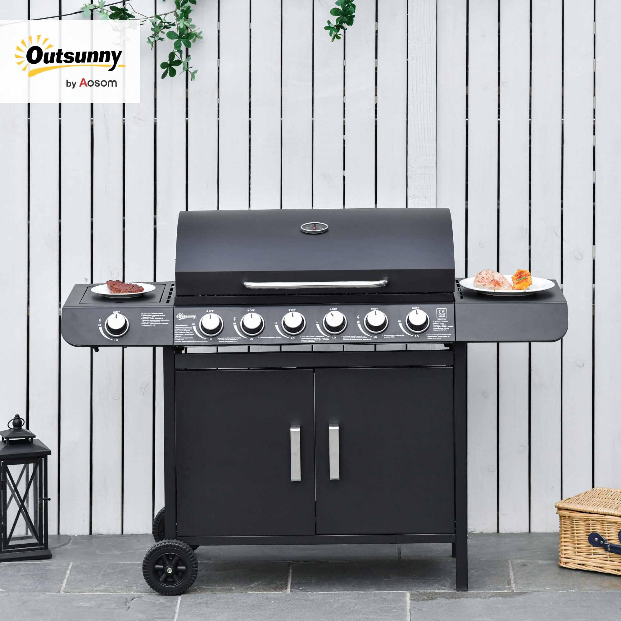 Outsunny 6+1 Burner Gas BBQ Grill, Outdoor Barbecue Trolley with Wheels, Warming Rack, Side Shelves, Cabinet, Thermometer for Garden, Party, Camping, 135 x 51.5 x 100cm, Black