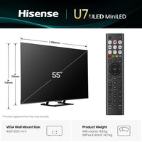 Hisense 55" 55U7QTUK MiniLED QLED 144Hz Smart AI TV - Hi-View AI Engine, 144Hz Game Mode PRO, 2.1 Channel, Dolby Atmos, Quantum Dot Colour, Anti-Reflection with Freely, Disney +, YouTube, Netflix