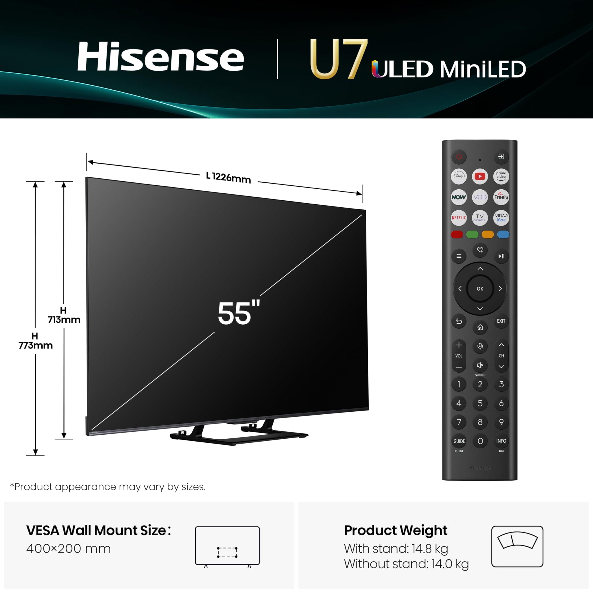 Hisense 55" 55U7QTUK MiniLED QLED 144Hz Smart AI TV - Hi-View AI Engine, 144Hz Game Mode PRO, 2.1 Channel, Dolby Atmos, Quantum Dot Colour, Anti-Reflection with Freely, Disney +, YouTube, Netflix
