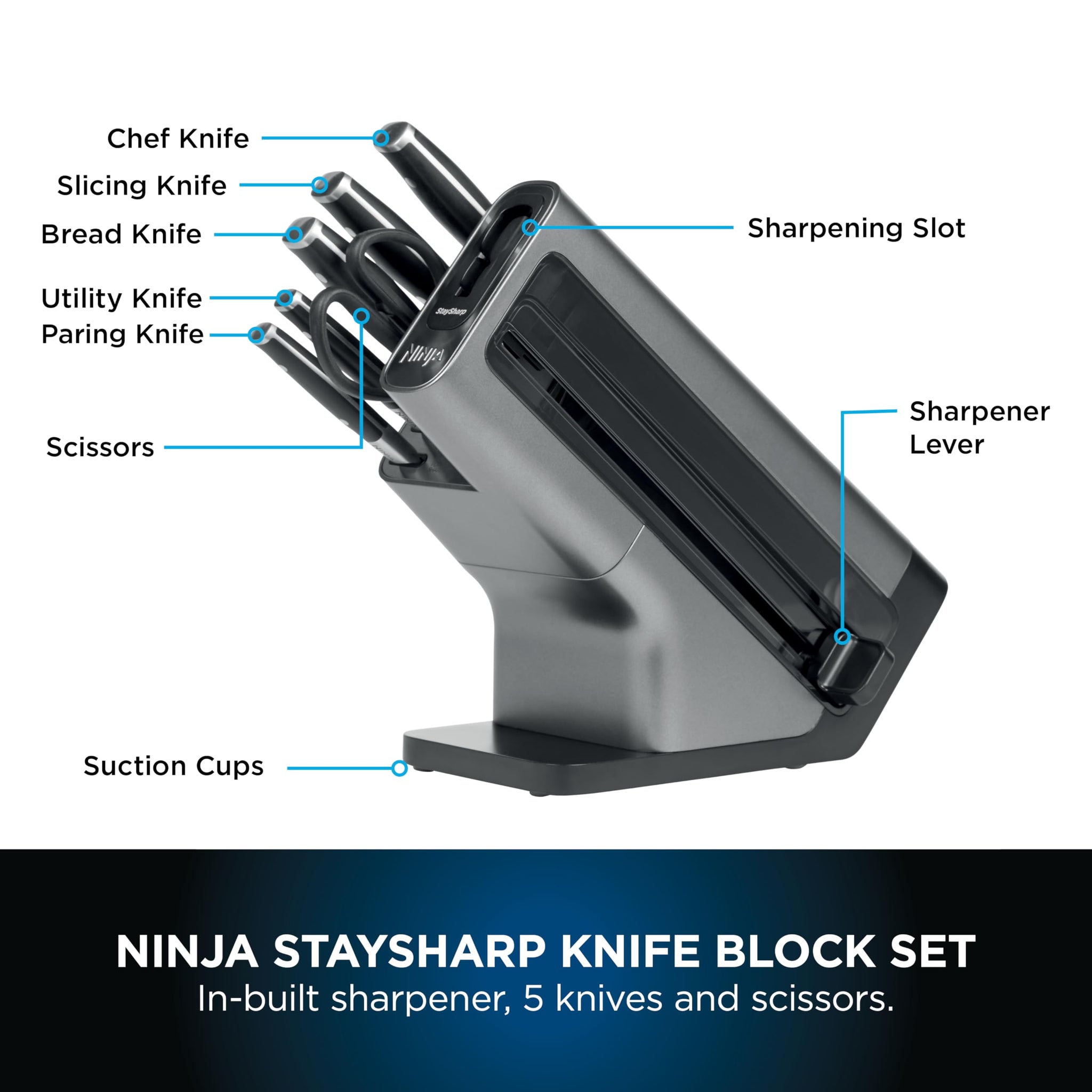 Ninja Foodi StaySharp Knife Block with Integrated Sharpener 5 Knives and Scissors (1 pair), Sharp 6-Piece Knife Set Chef, Bread, Slicing, Utility, Paring Knives & Scissors, Stainless Steel, K32006UK