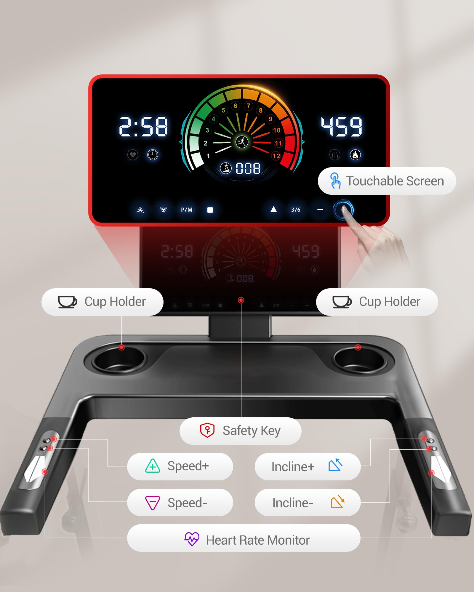 Treadmills for Home with 20% Auto Incline, 14KM/H Foldable Treadmill with Handles, Running Machine for Heavy People, 180KG Weight Capacity, Large Running Belt and Intelligent LED Touch Screen