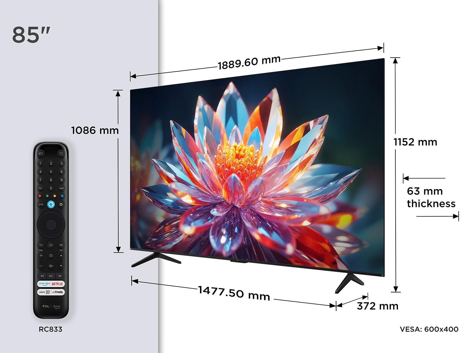 TCL 85T6C-UK 85 Inch QLED 4K HDR TV, Fire TV (Smart TV with Dolby Vision & Atmos, HDR10+, Press & Ask Alexa, 2025 Model)
