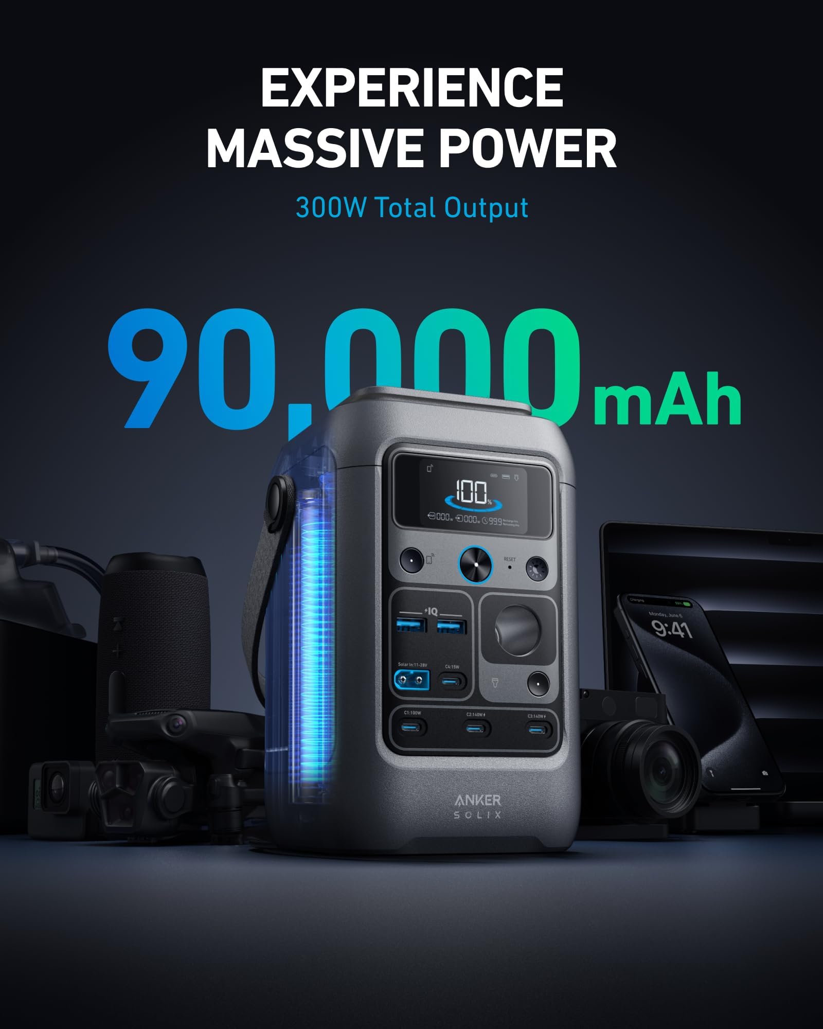 Anker SOLIX C300 DC Portable Power Station & Power Bank, 288Wh LiFePO4 Battery, 300W Solar Generator, for Camping, Outdoors, Travel & Emergency (No Wall Adapter Included)