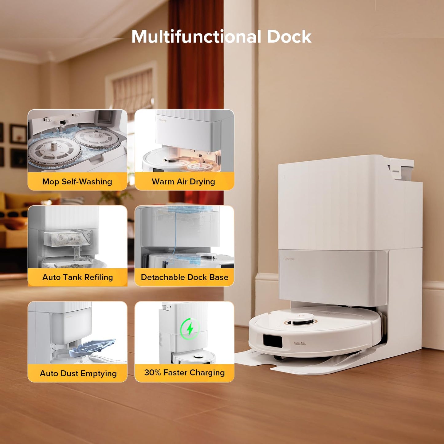 roborock Qrevo S5V Robot Vacuum Cleaner with Mop, FlexiArm Edge Mopping, 12,000Pa Suction, Dual Zero-Tangle System, Smart Obstacle Avoidance, 10mm Mop Lifting, All-in-One Dock, White
