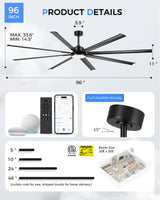 JAZAVA 96-Inch Industrial Ceiling Fan with Lights and Remote - Extra Large Indoor Fan with 8 Aluminium Blades,Smart Fan Works with Voice Control,Model:ZCCF04BK-96