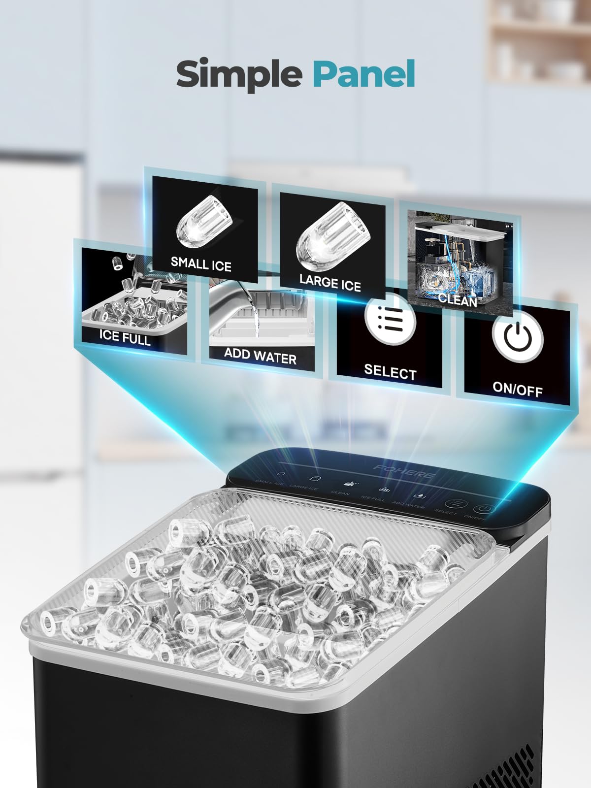 FOHERE Ice Maker Machine Countertop, 14KG Ice Cube Maker with Self-Cleaning Function, 9 Cubes in 5 Mins, 2 Bullet Ice Sizes, Portable Ice Machine with Ice Scoop & Basket (Black)