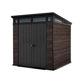 compare product Keter Signature 7x7ft Pent Shed - Rosewood| Premium Weather‑Resistant Outdoor Storage with Steel‑Reinforced Roof & Lockable Double Doors