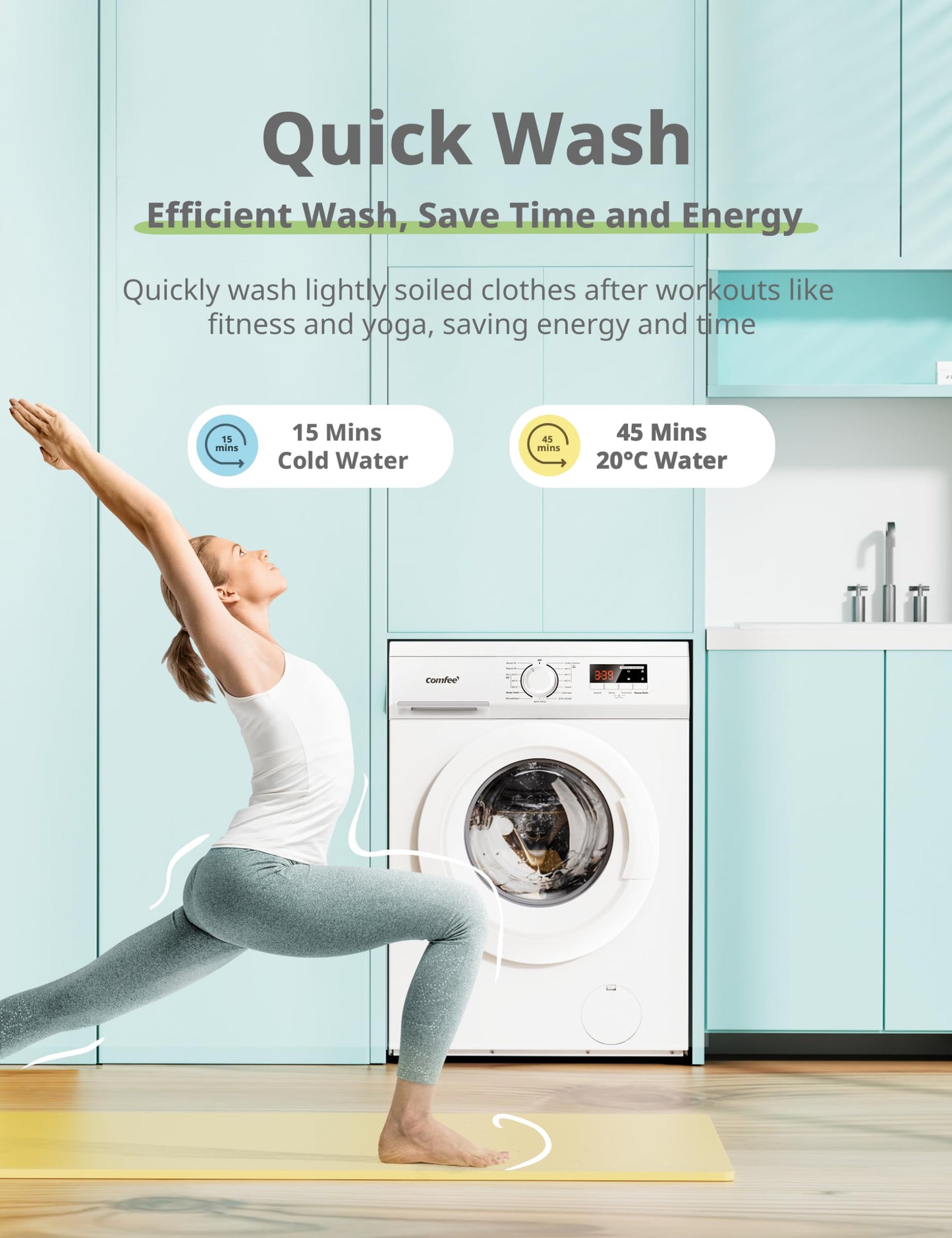 COMFEE' Freestanding Washing Machine,9KG Load,1400RPM,Steam Wash,Slim Design,Quick Wash,BLDC Durable Inverter Motor,White-CFE12EW90/W
