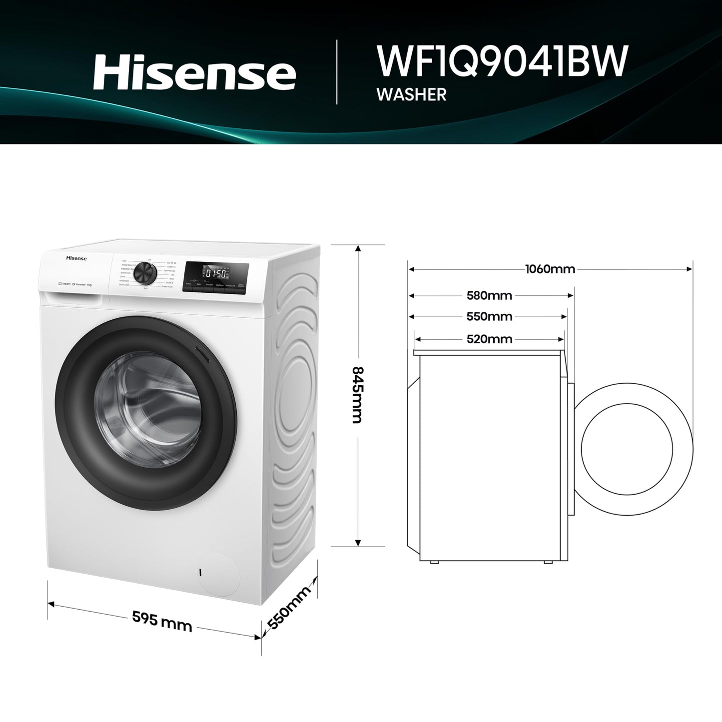 Hisense 1Q Series WF1Q9041BW Freestanding 9 KG Front Load Washing Durable Inverter Machine, Steam Wash, Quick Wash, 15 Washing Programs 1400 RPM White - Energy Rating A