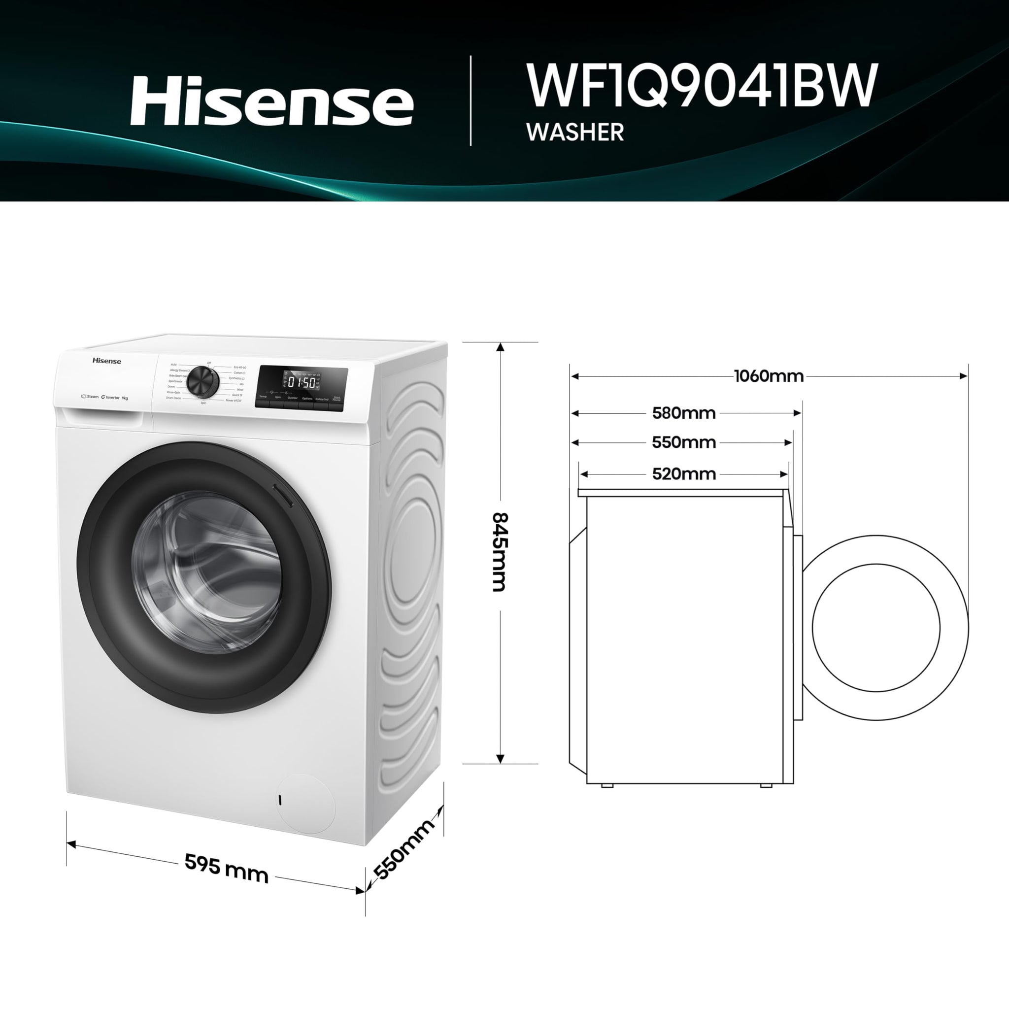 Hisense 1Q Series WF1Q9041BW Freestanding 9 KG Front Load Washing Durable Inverter Machine, Steam Wash, Quick Wash, 15 Washing Programs 1400 RPM White - Energy Rating A