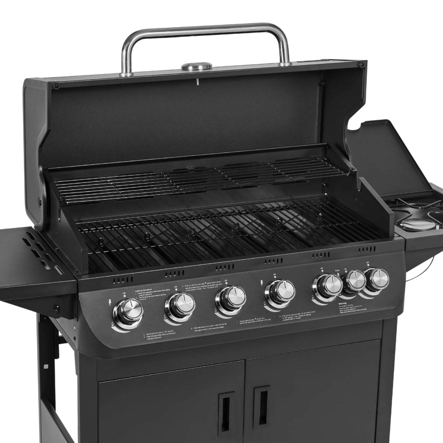CosmoGrill NEW Emberr 7 Gas Burner 6+1 Barbecue Grill, Porcelain Warming Rack, Propane Gas Regulator Hose, Side-Burner, Storage, Wheels Built-in Temperature Gauge for Home Garden Party Outdoor Cooking