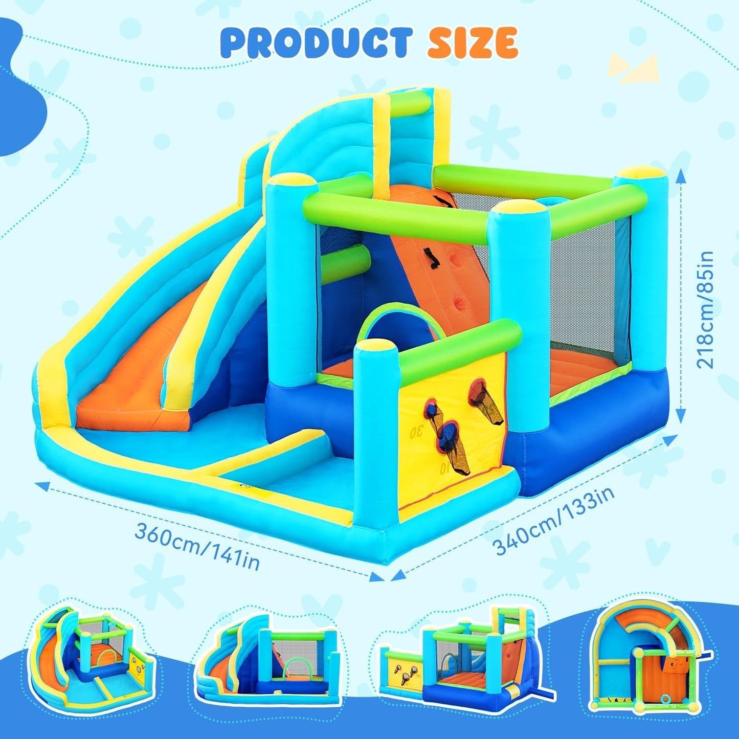Inflatable Bouncy Castle Water Park with Slide Sprayer Trampoline Climbing Wall & Basketball Hoop, Includes Air Blower, Outdoor Indoor Bounce House for Kids Toddlers, Holds Up to 5 Children