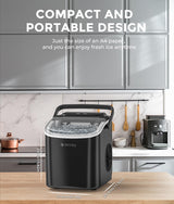 ecozy Ice Maker Machine Countertop, 9 Ice Cubes in 6 Mins, 12KG in 24Hrs, 2 Sizes of Ice, Self-Cleaning with Ice Bags, Scoop, and Basket for Kitchen, Office, Bar, Party