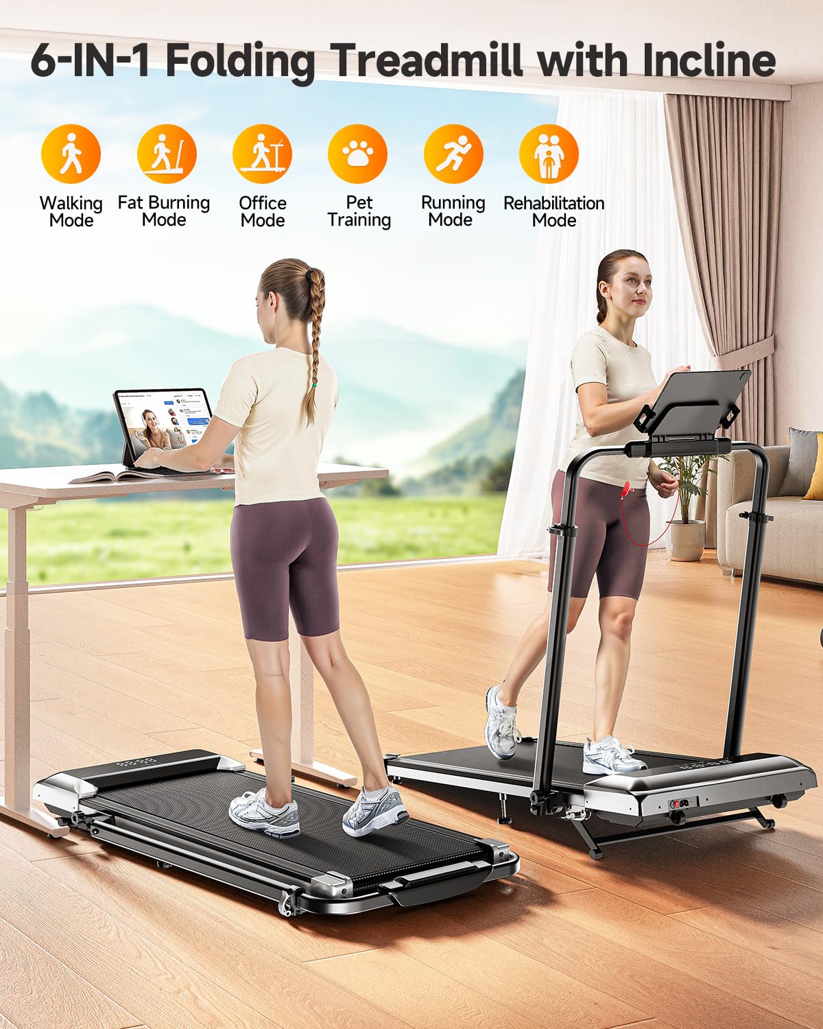 1%-6%-12% Incline Folding Treadmill with 115 CM Retractable Handrail, 95°-105° Adjustable Tilt Angle, 6 in 1 Compact Treadmills for Home/Office (Silver Black)