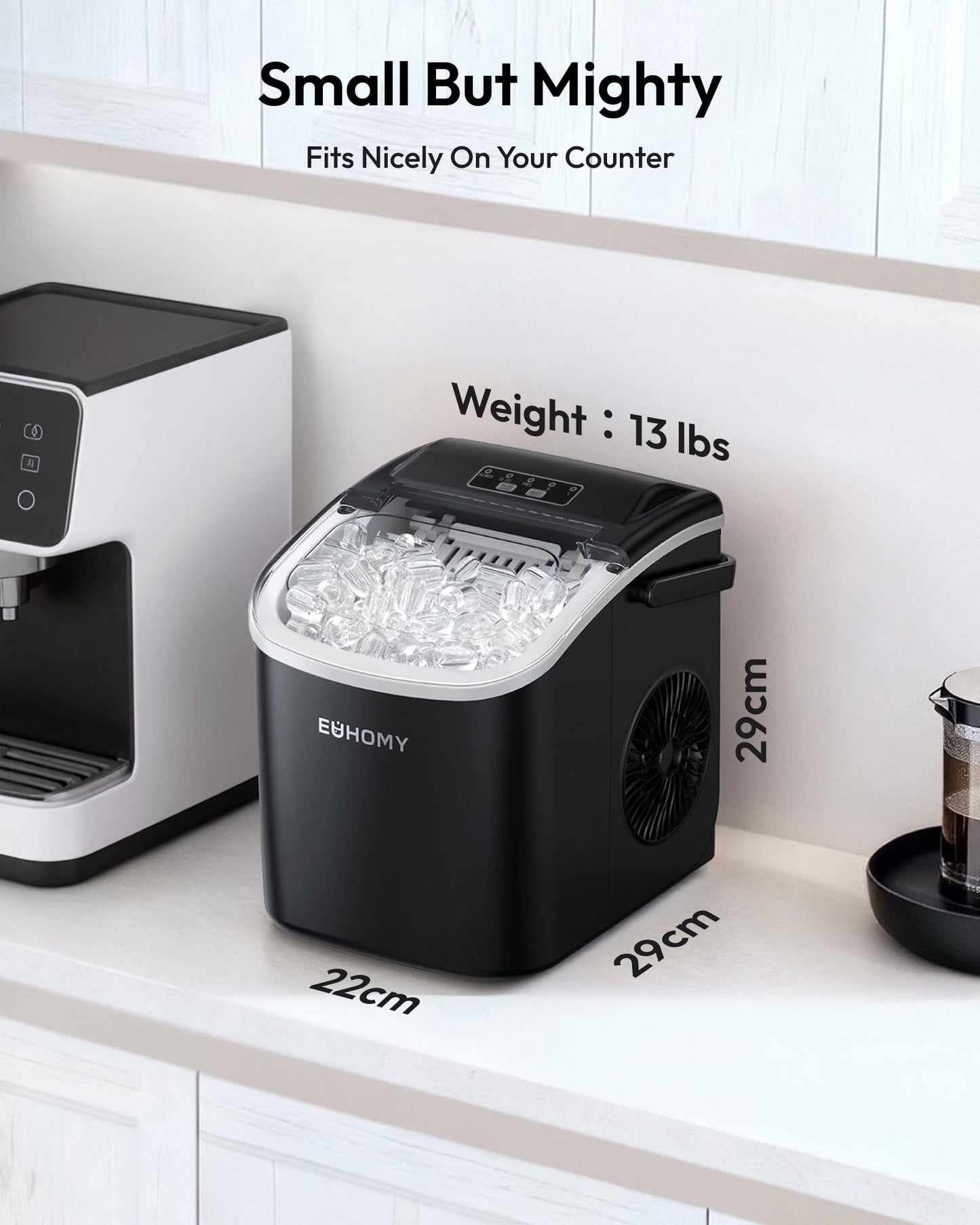 EUHOMY Ice Maker Machine Countertop Ice Cube Maker, Self-Cleaning Function,9 Cubes in 6 Mins,Portable Ice Cube Maker Machines with Ice Scoop & Basket for Home/Kitchen/Office/Bar, Black