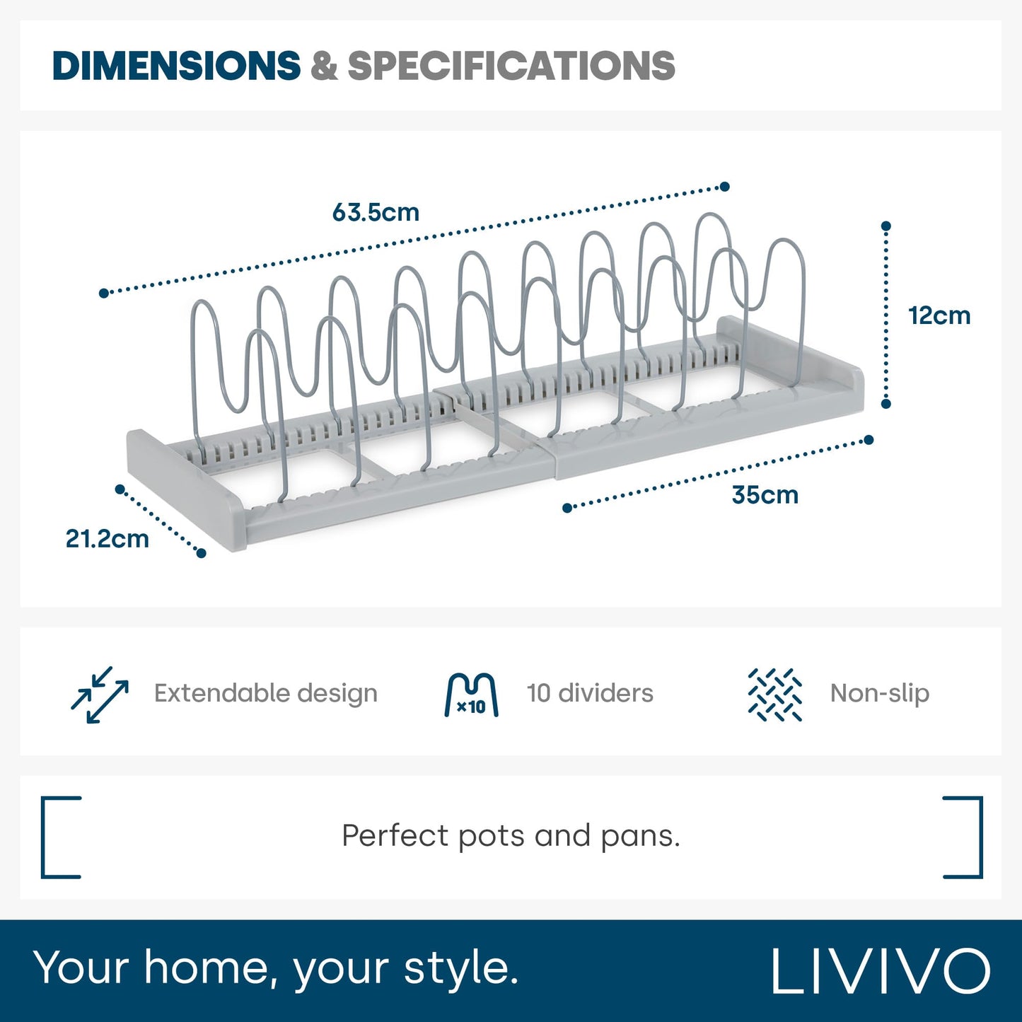LIVIVO Expandable Pan Lid Organiser Rack Holder - 10 Adjustable Dividers - Non Slip Feet - Perfect For Pots, Pans, Chopping Board, Baking Trays - Kitchen Drawer Cupboard Organiser