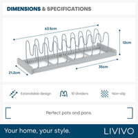 LIVIVO Expandable Pan Lid Organiser Rack Holder - 10 Adjustable Dividers - Non Slip Feet - Perfect For Pots, Pans, Chopping Board, Baking Trays - Kitchen Drawer Cupboard Organiser