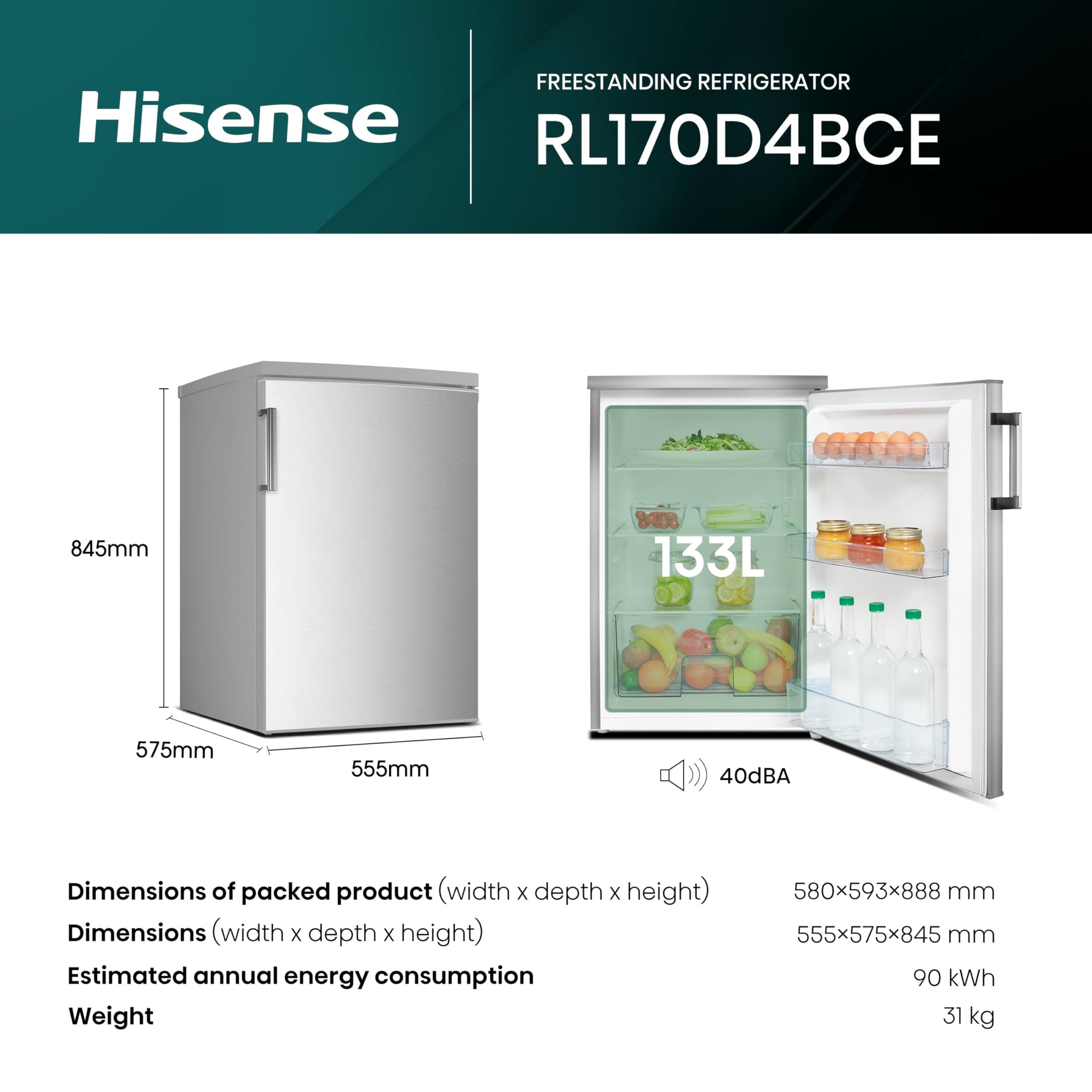 Hisense RL170D4BCE 133L Under Counter Larder Fridge with LED Lighting 56 × 84.5 × 57.5 cm (W×H×D), Stainless Steel, Grey