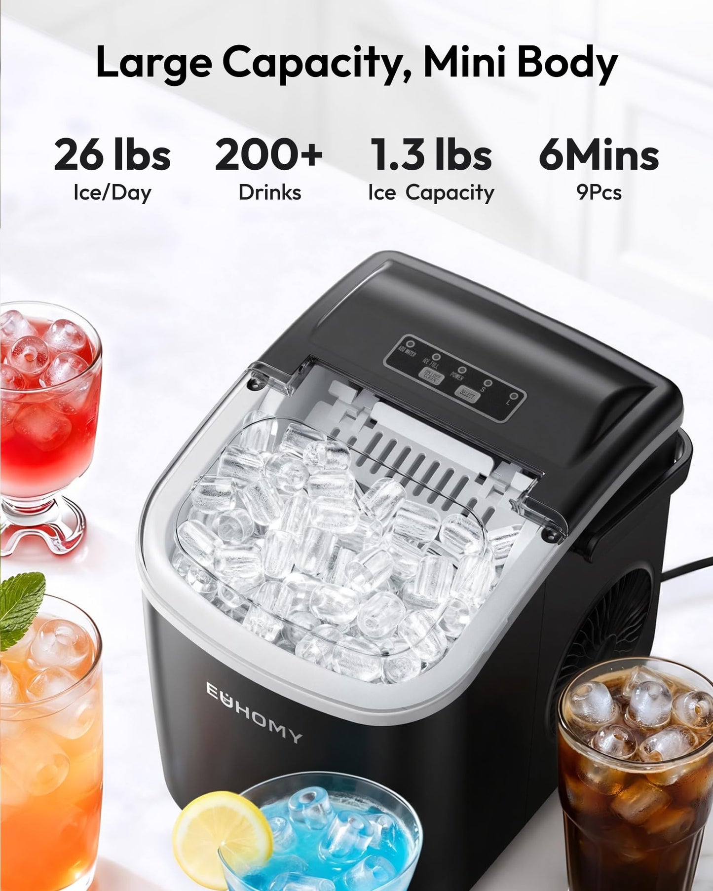 EUHOMY Ice Maker Machine Countertop Ice Cube Maker, Self-Cleaning Function,9 Cubes in 6 Mins,Portable Ice Cube Maker Machines with Ice Scoop & Basket for Home/Kitchen/Office/Bar, Black