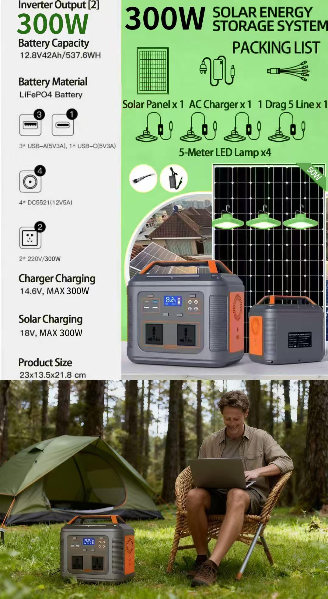 Rexhan 300W Portable Power Station, LiFePO4 Battery, Mobile Battery Power, Solar Generator, Emergency Outdoor Power, 50W Solar Panel, 2025 Version, 240V AC Outlet, RVs, Camping, Outdoor, USB-C (300W)