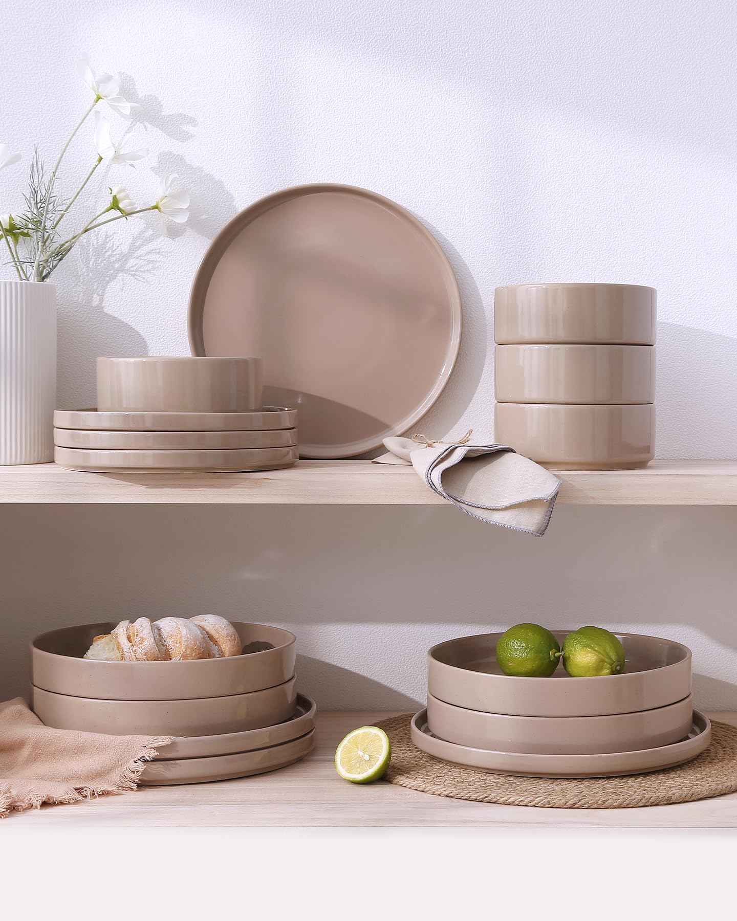 Richmount Nebula Plates and Bowls Set, 12PC Speckled Stoneware Plate Set, Scratch Resistant Dinnerware Sets, Dishwasher & Microwave Safe, Dining Plates and Bowls Sets, Brown